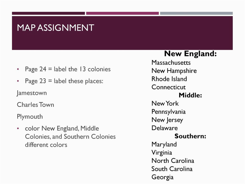 map assignment new england page 24 label the 13 colonies ppt