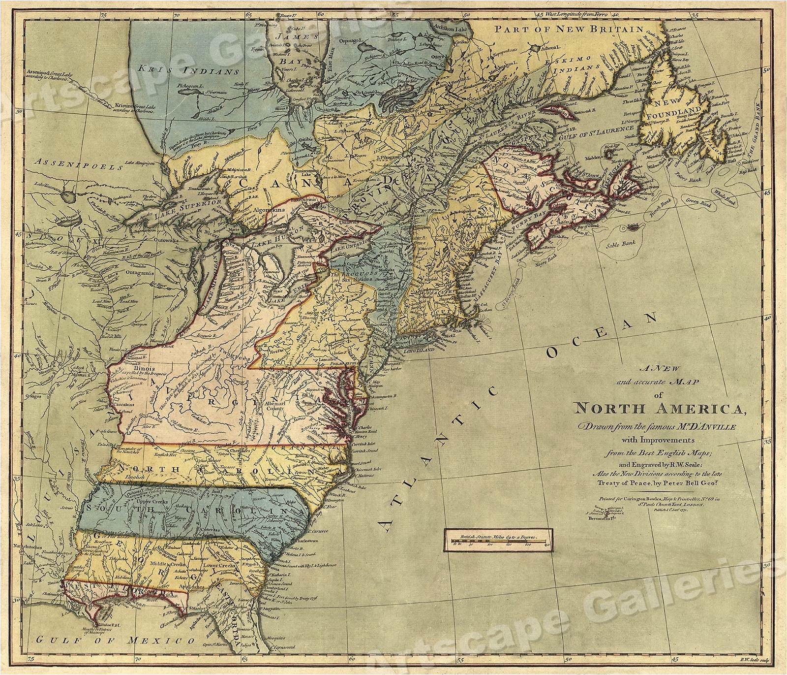 map of north america 1771 early american colonies 16x20