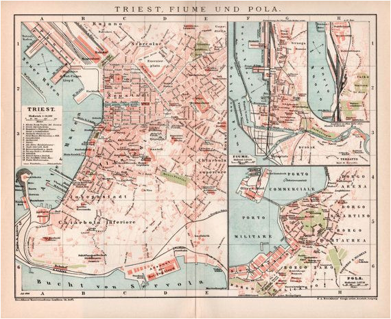 1898 trieste fiume and pula seaport old map antique by craftissimo