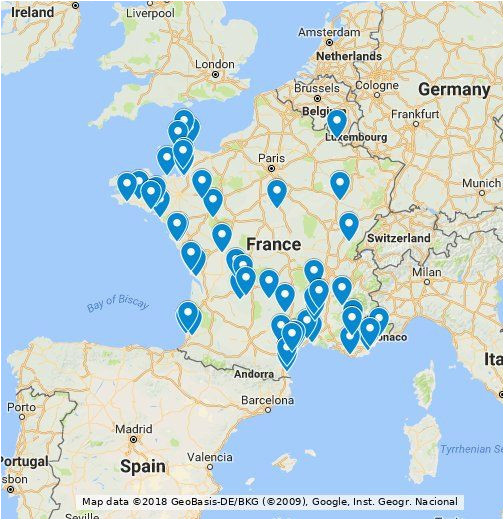 a map of french campsites with on pitch private toilet kitchen