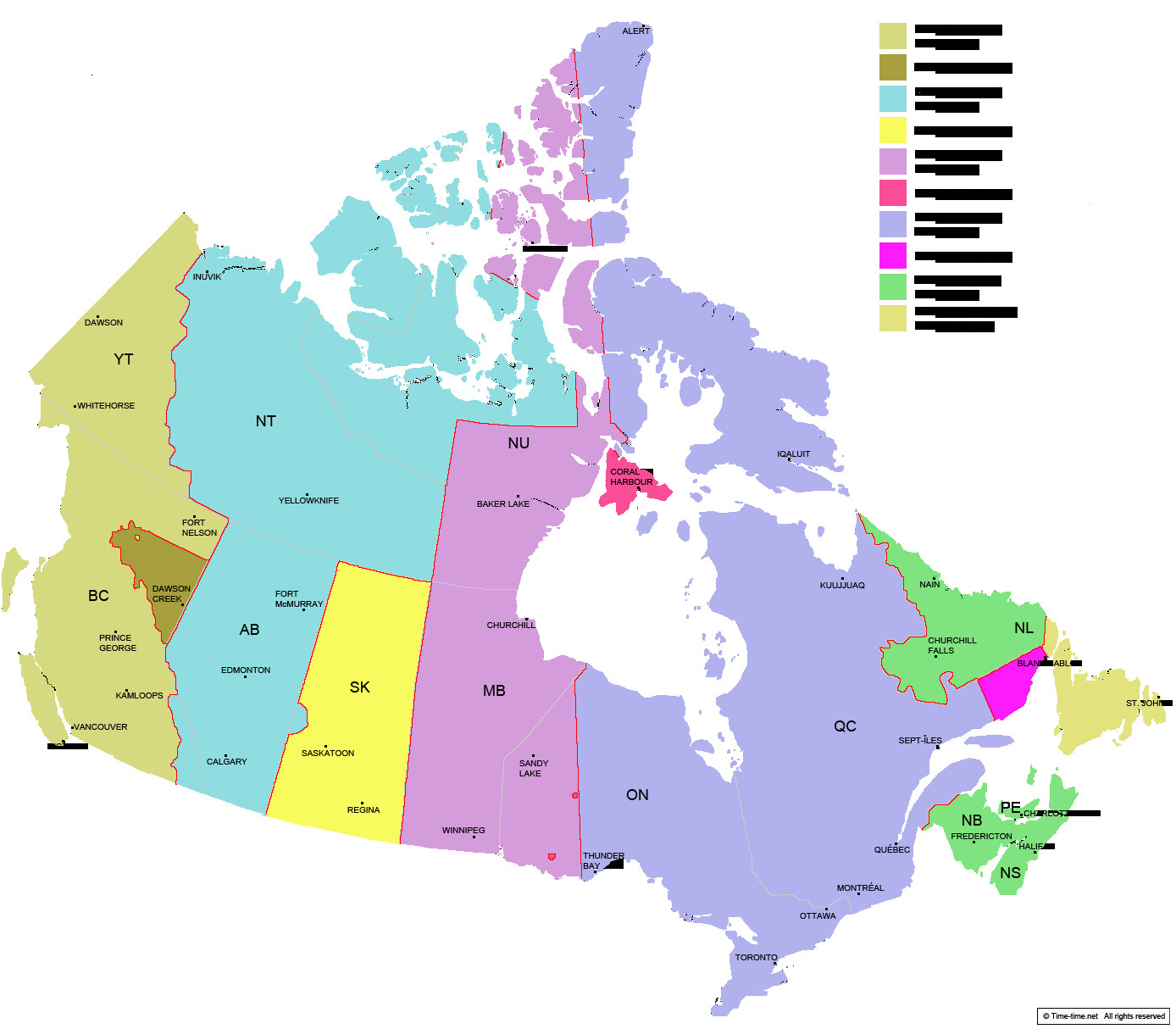 canada time zone map with provinces with cities with