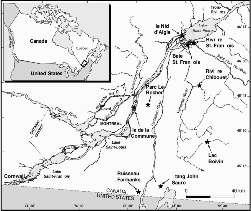 map of localities in the st lawrence river basin in southern quebec