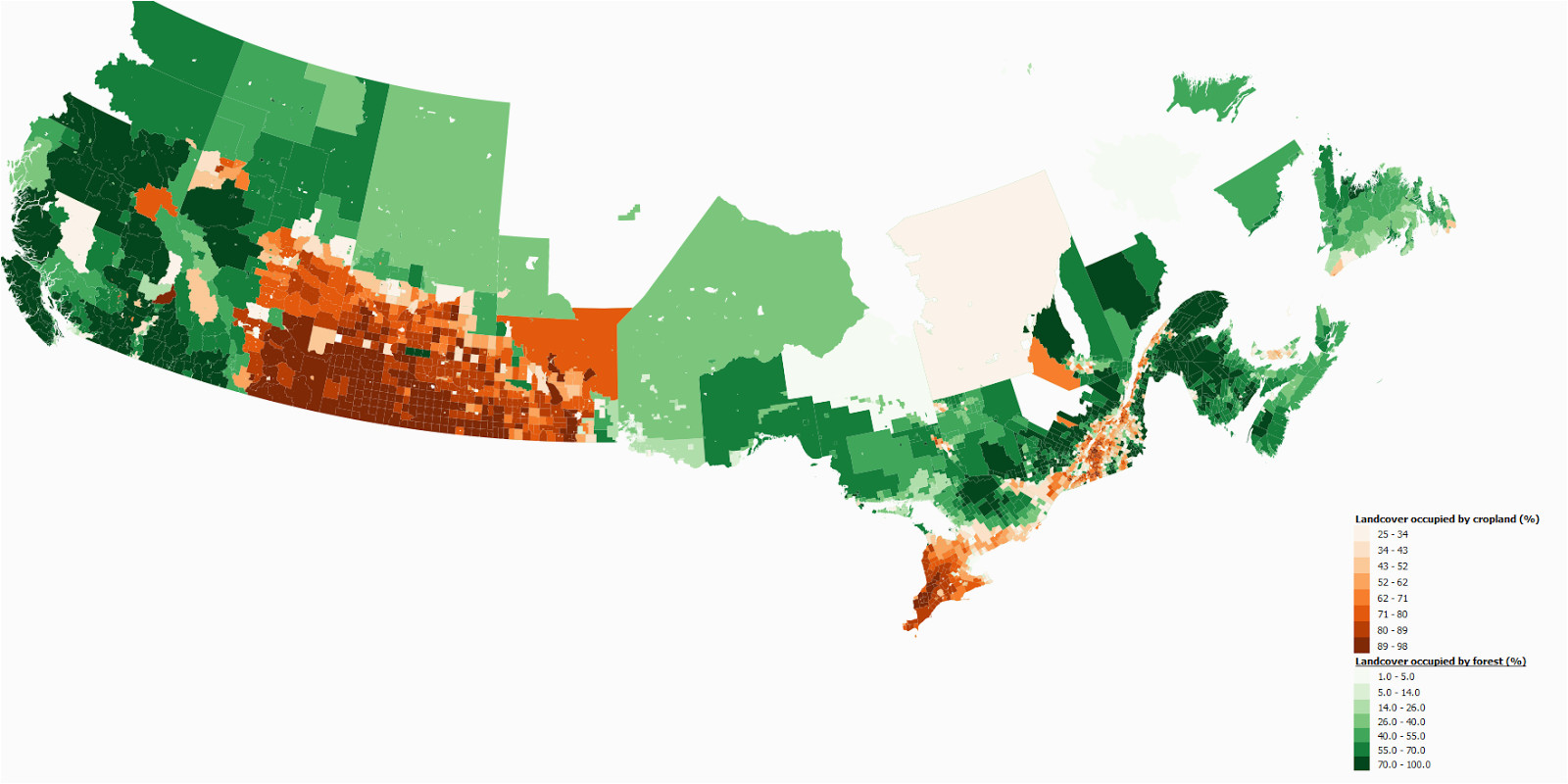 cropland forest landcover of canadian census subdivisions