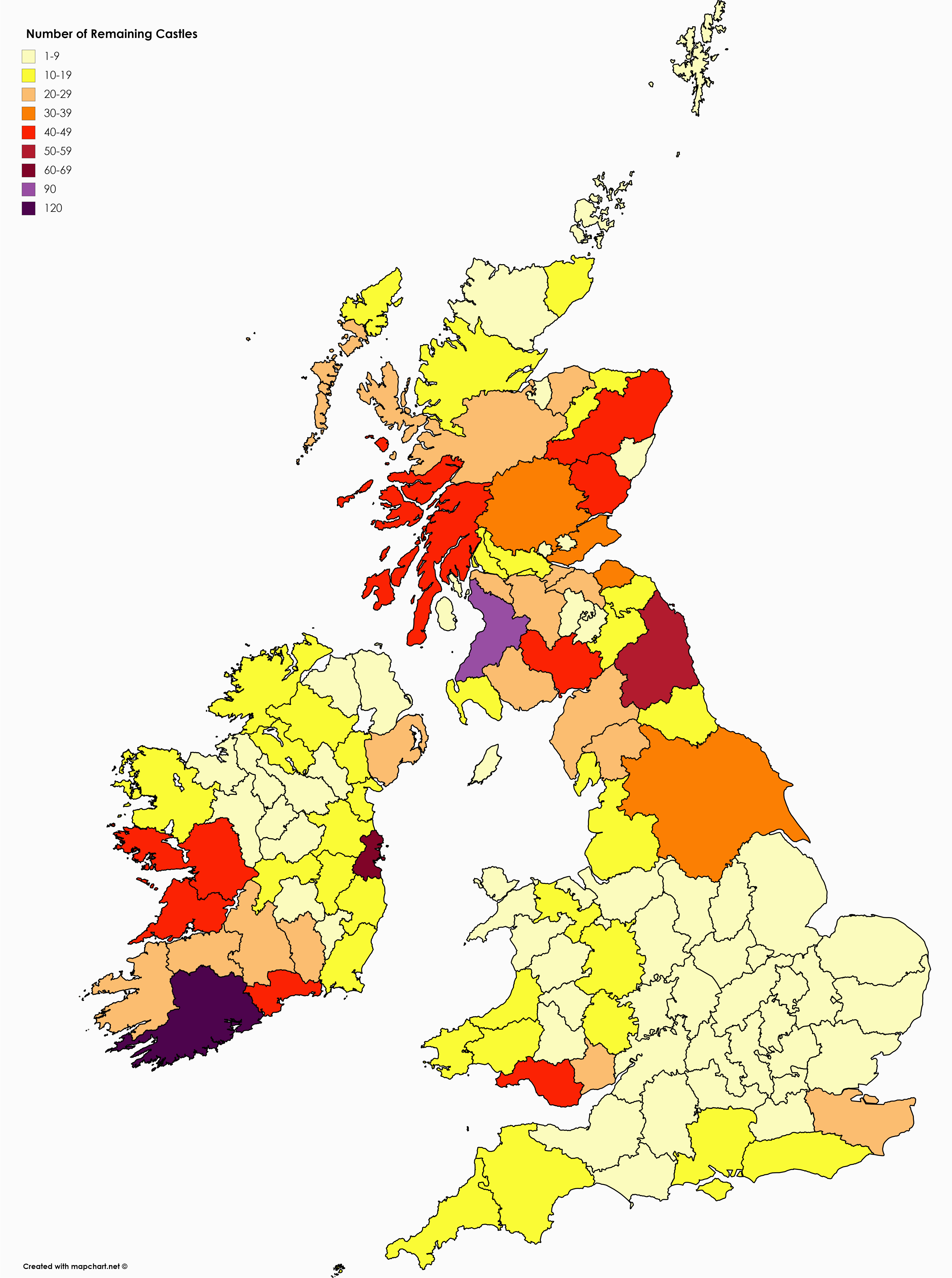 map number of remaining castles in uk ireland