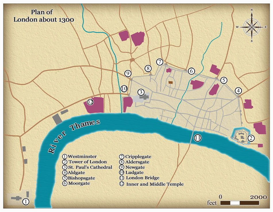 this map shows the size and layout of medieval london in around 1300