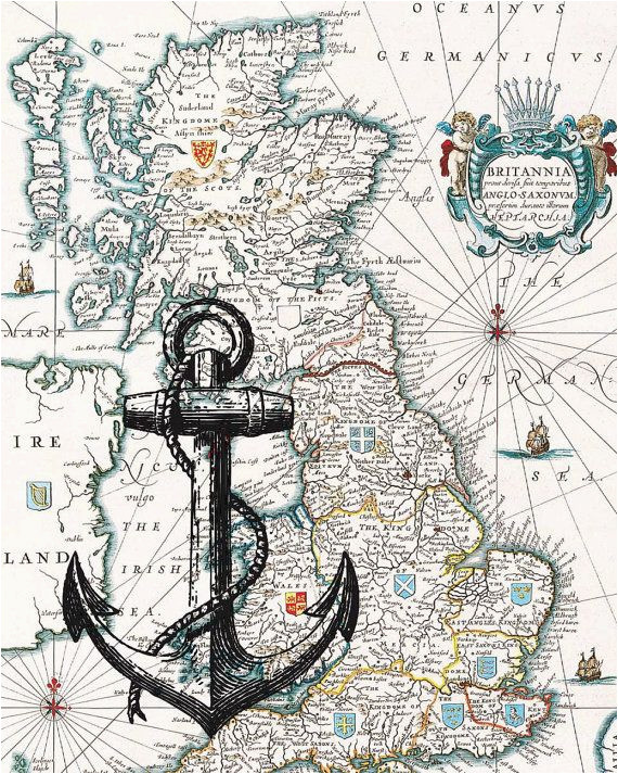 black anchor print on antique map of england wall map by printland