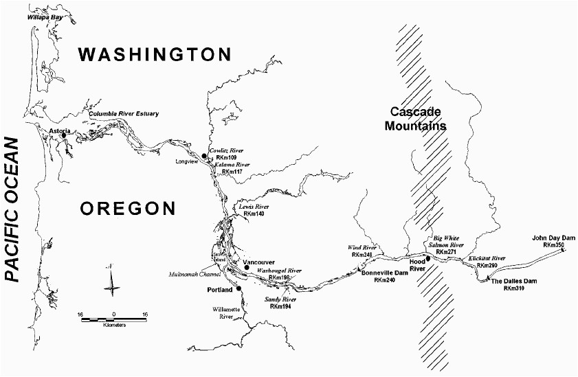 map of the lower 350 km of the columbia river drainage identifying