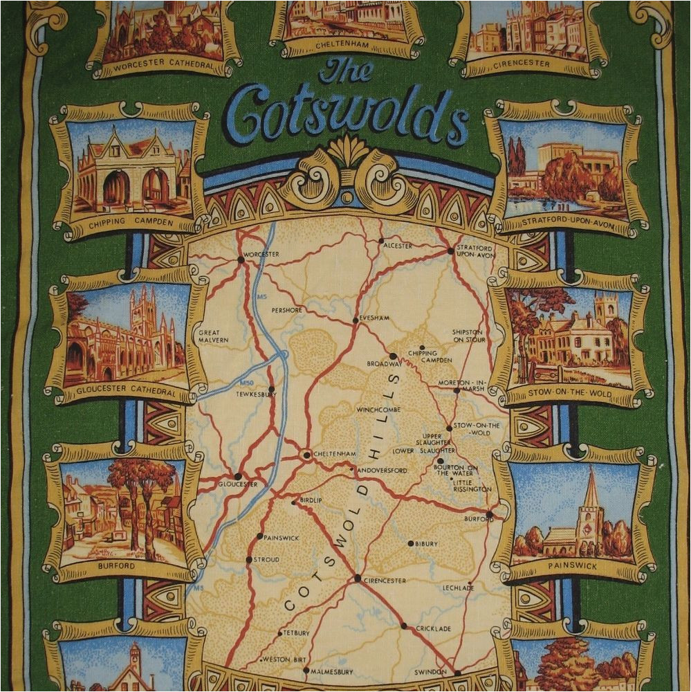 the cotswolds map england uk green kitchen tea towel cotton linen