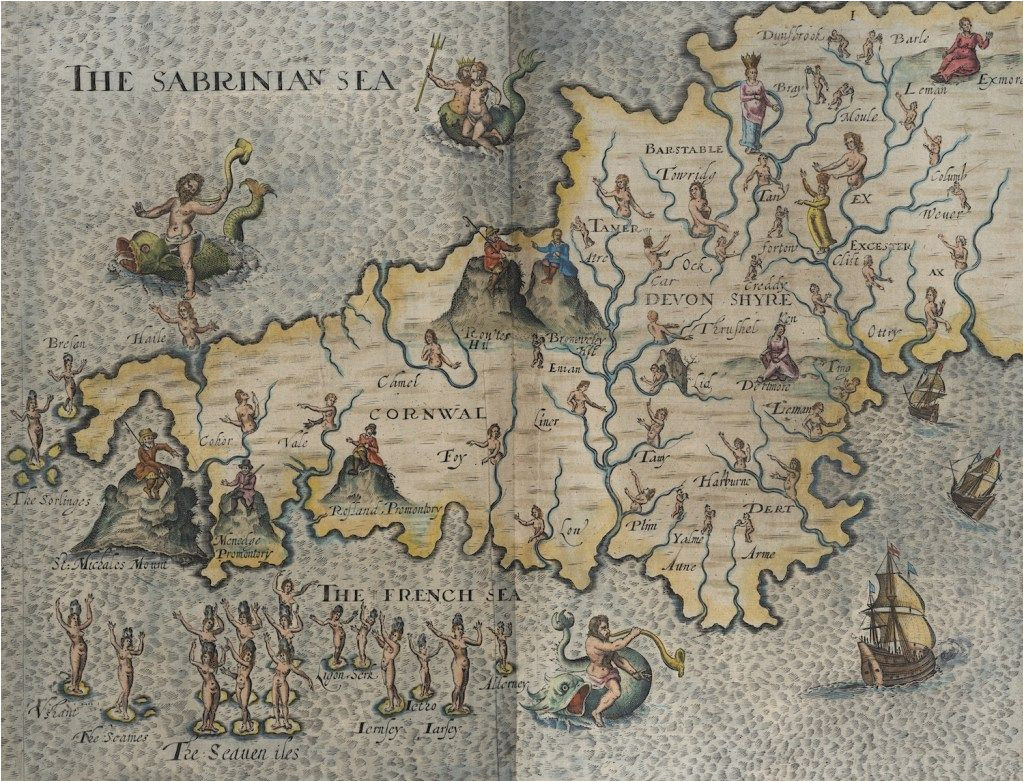hand drawn map of cornwall and devonshire from the 1600 s