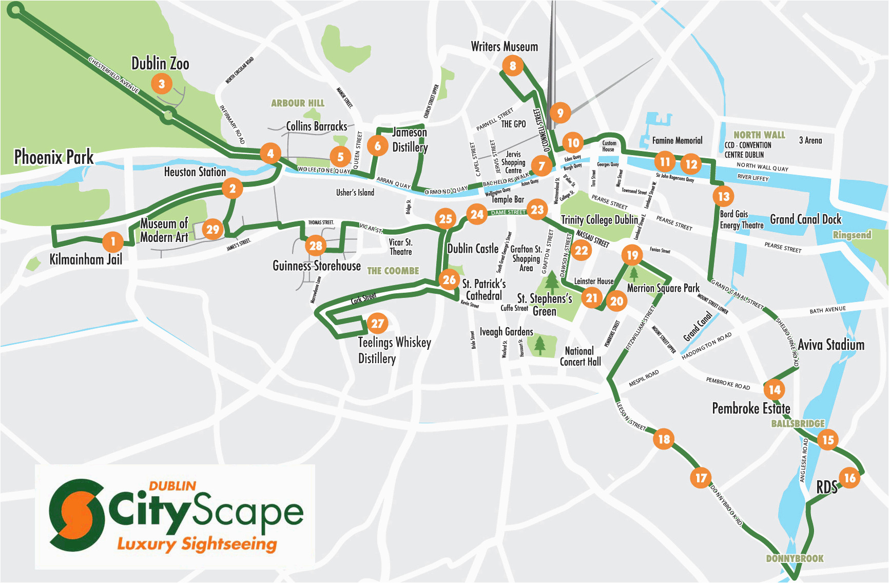 cityscape dublin hop on hop off sightseeing tour route map