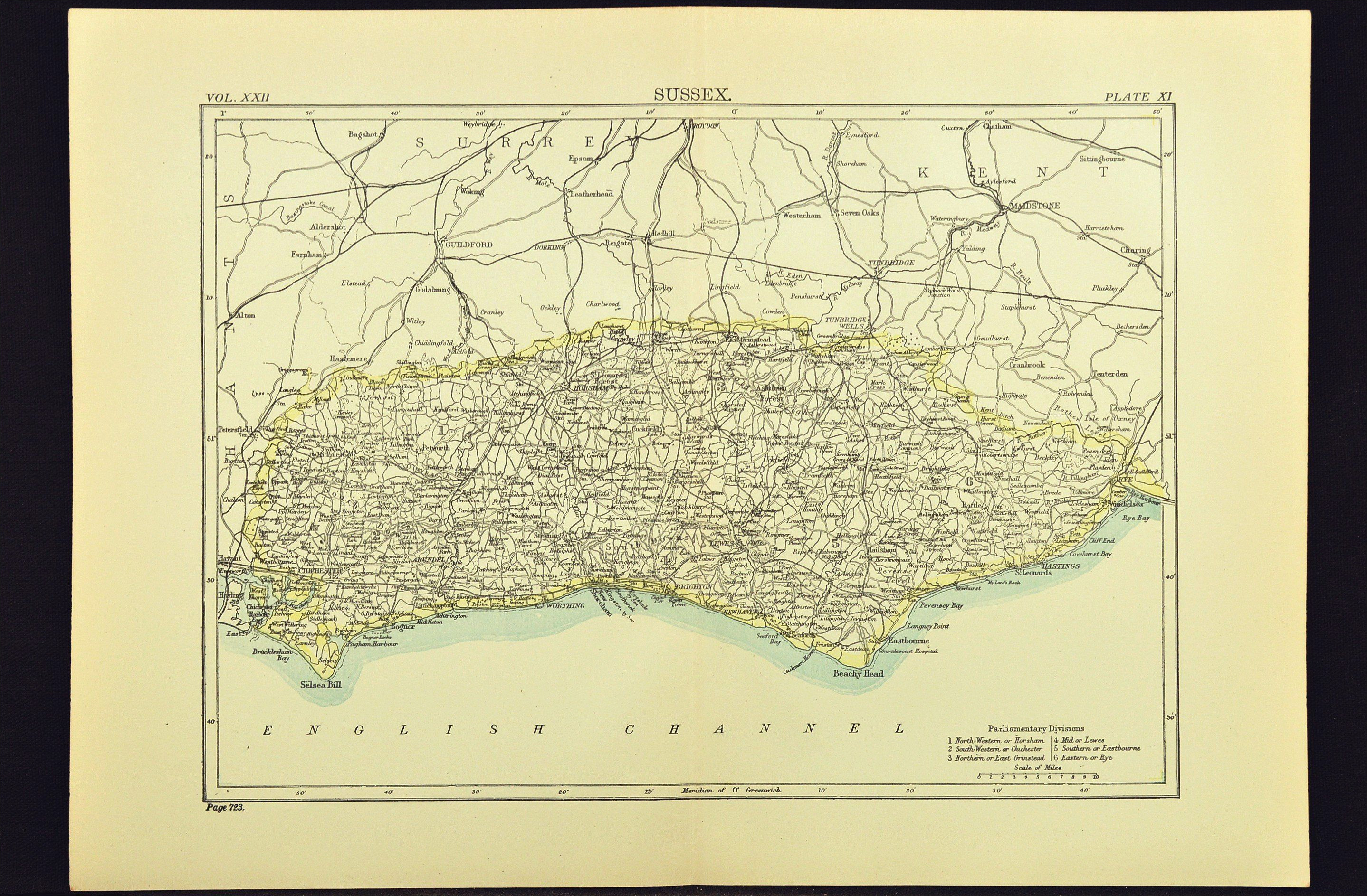 antique sussex map of sussex county england united kingdom brighton