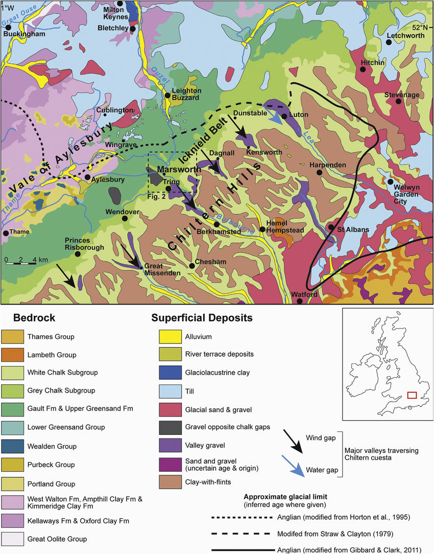 geological map of the chilterns hills and lowlands to the