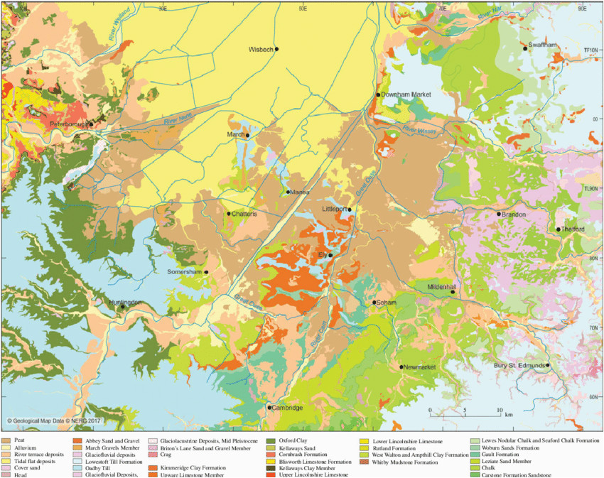 quaternary and bedrock geological map of fenland showing the