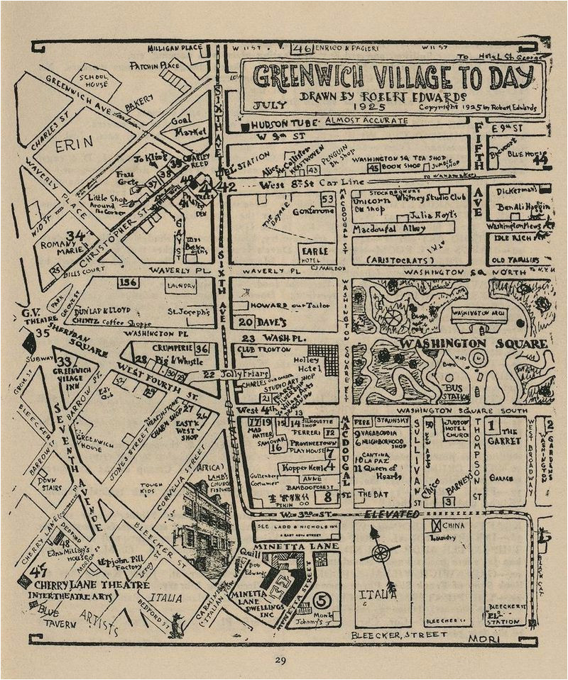 hand drawn map of greenwich village nyc from 1925 ye old