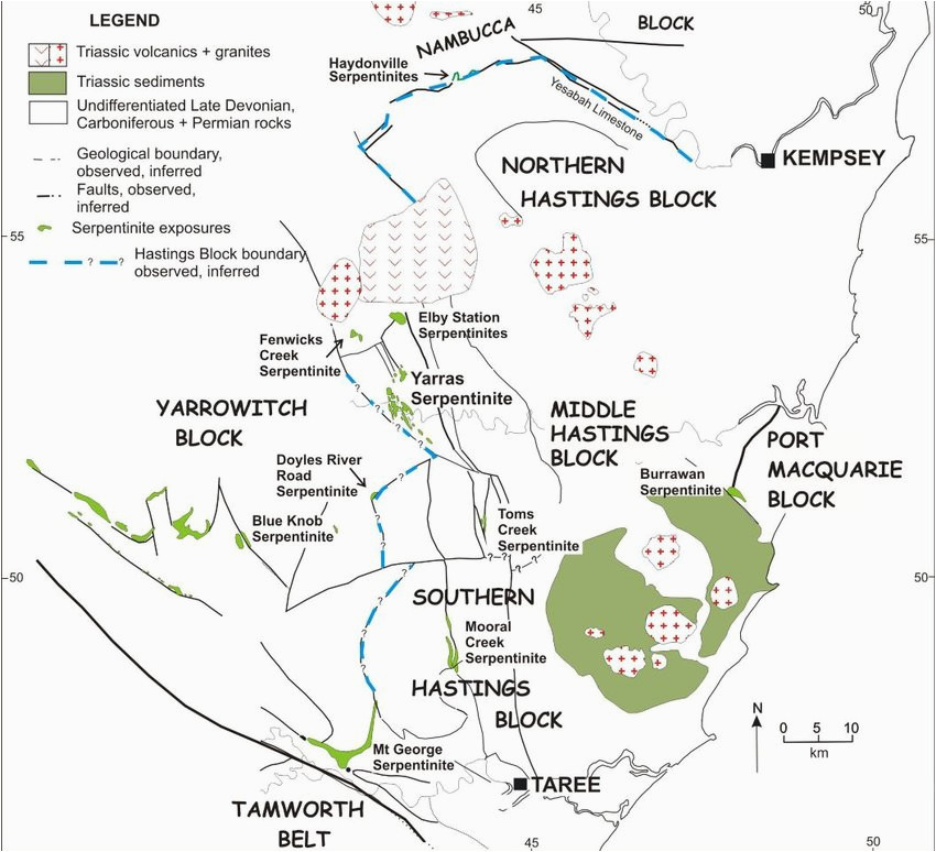 simplified map of the serpentinite outcrops in the hastings block