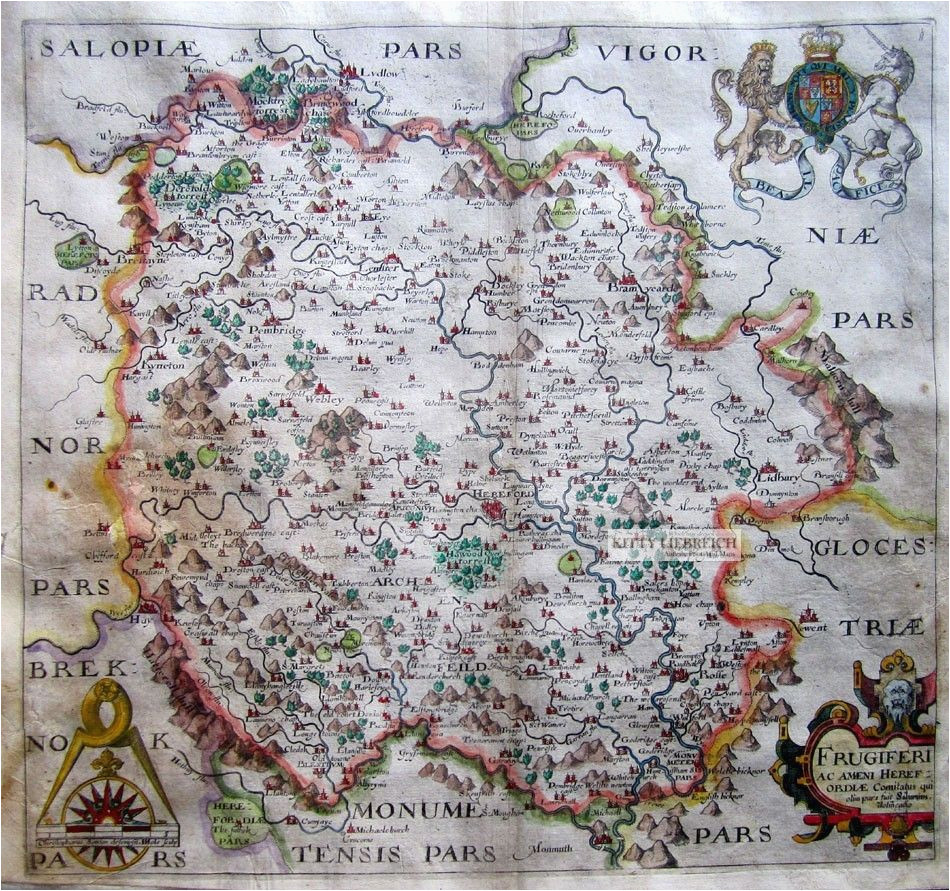 antique map herefordshire saxton 1607 great britain antique