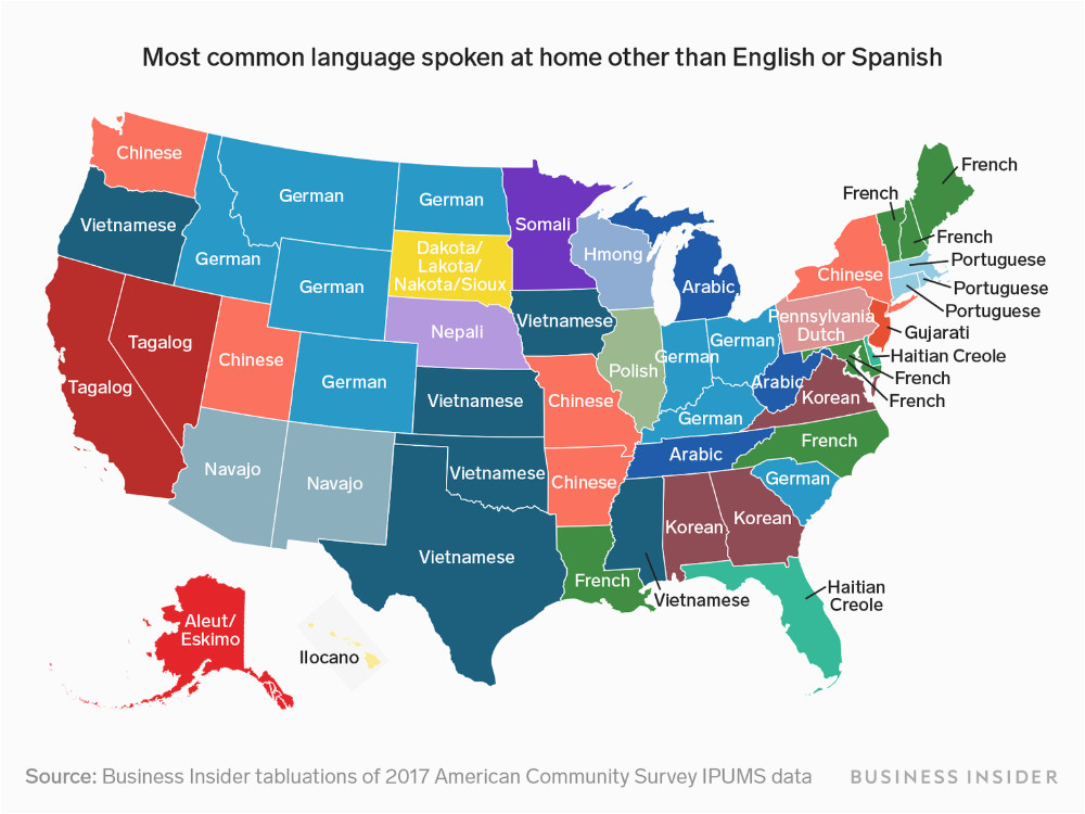 this map shows the most commonly spoken language in every us
