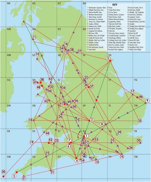 a map of englands ley lines and a key of sacred sites that