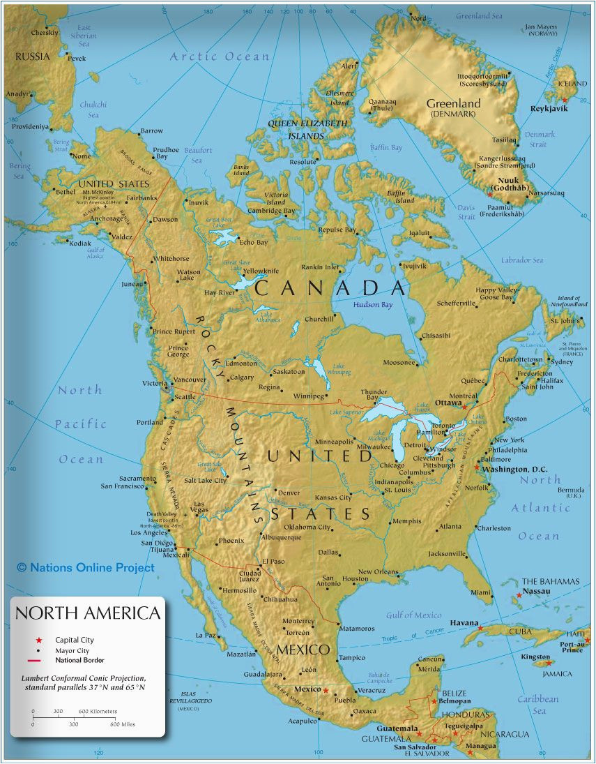 the map shows the states of north america canada usa and
