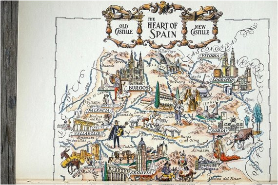 vintage spain map showing madrid spain and toledo travel