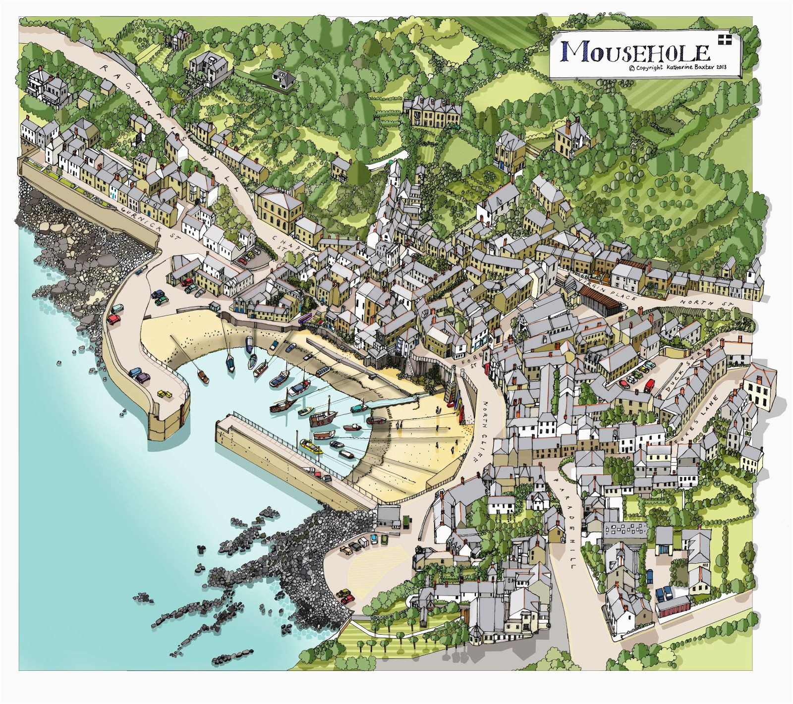 pictorial map of mousehole a small cornish town with a