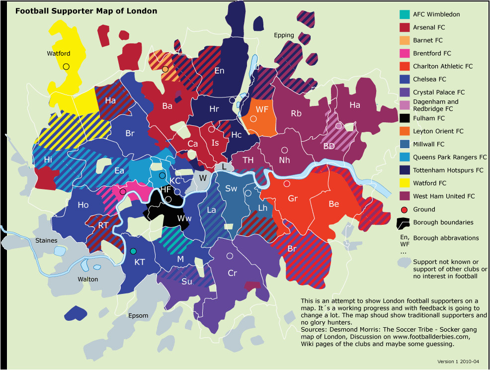 football supporter map of london land of maps