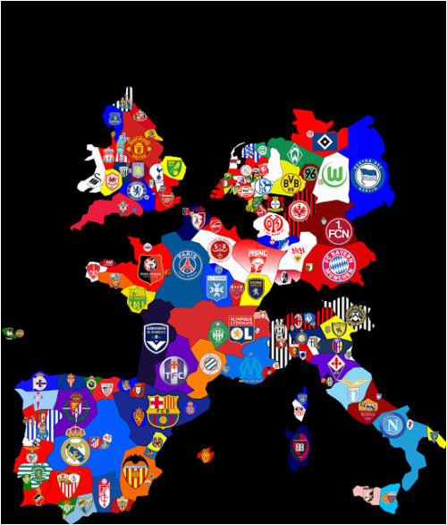 map of top division football clubs in major european leagues