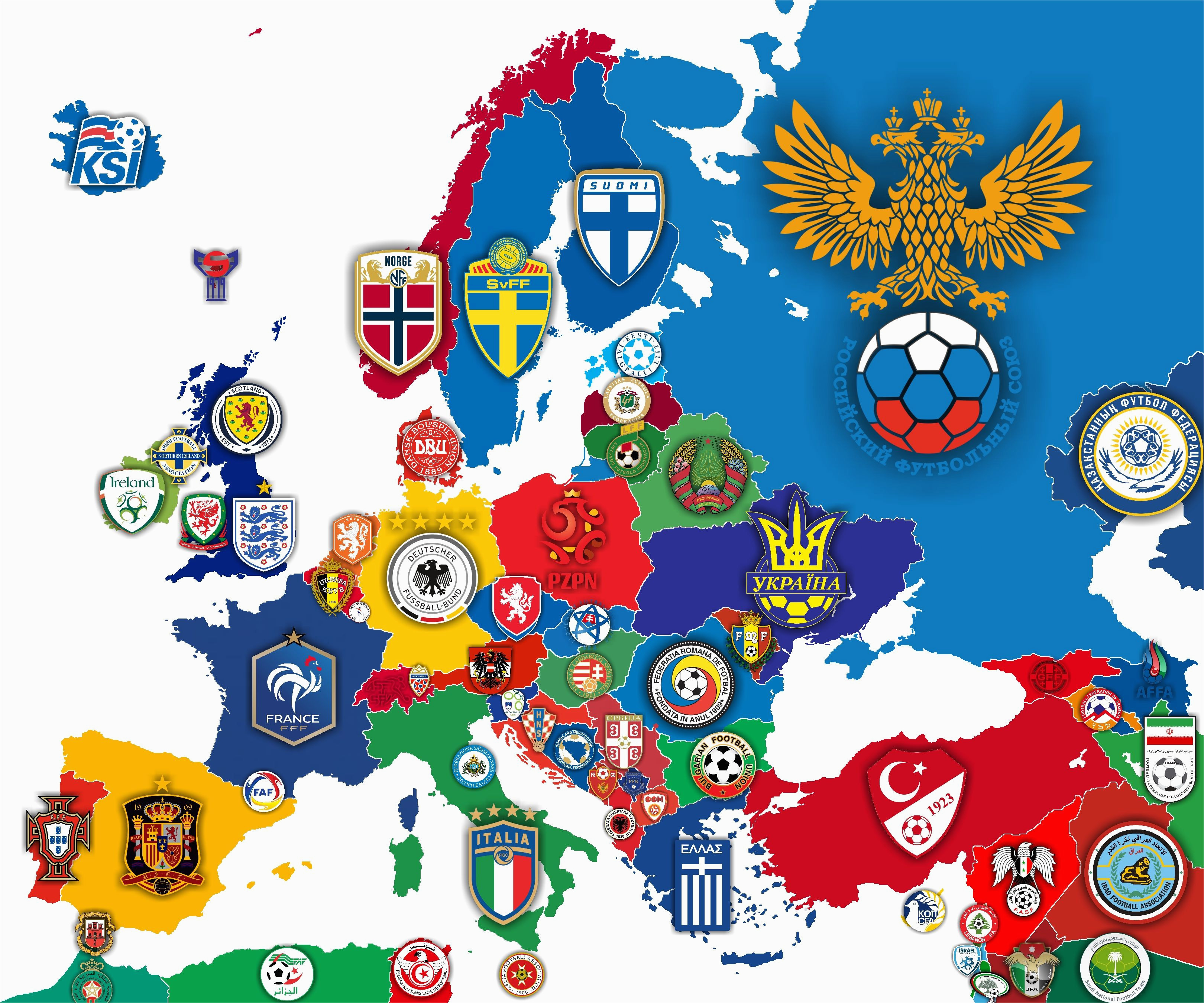 logos of national football teams in europe surrounding map