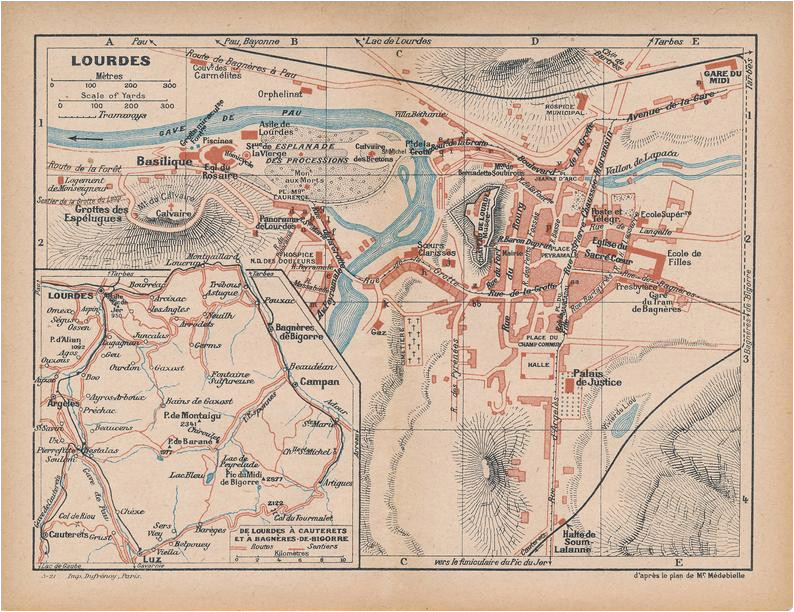 1921 lourdes france antique map
