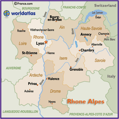 map of the rhone alpes region of france including lyon grenoble and