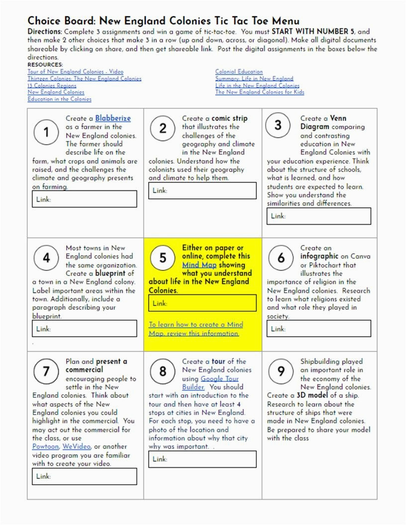 new england colonies choice board colonial america tic tac