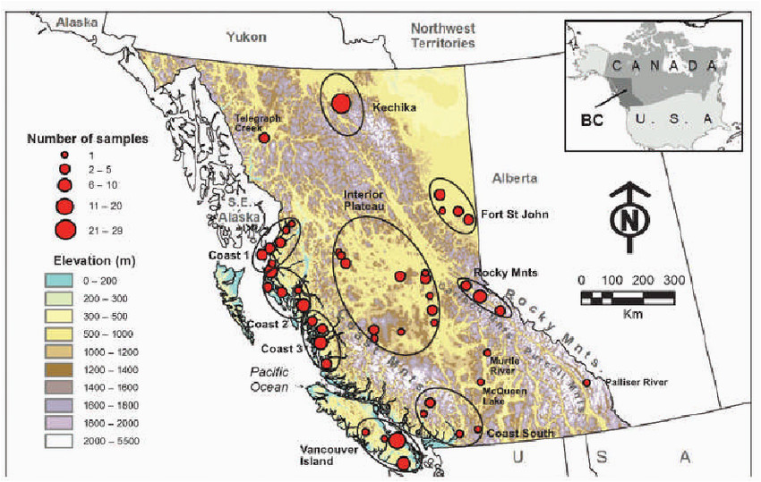 map of british columbia showing the elevation and distribution of