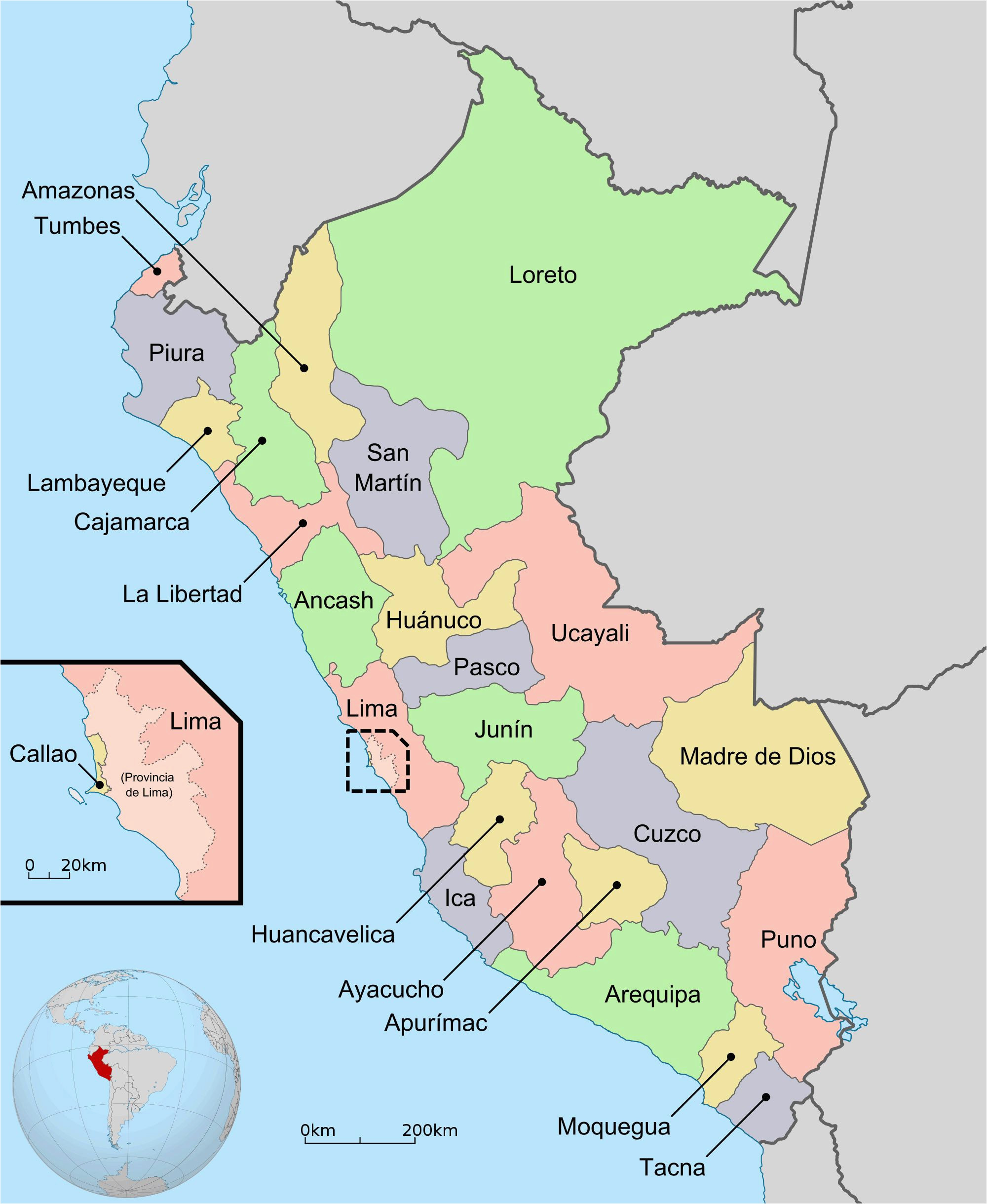 large detailed regions and departments map of peru peru