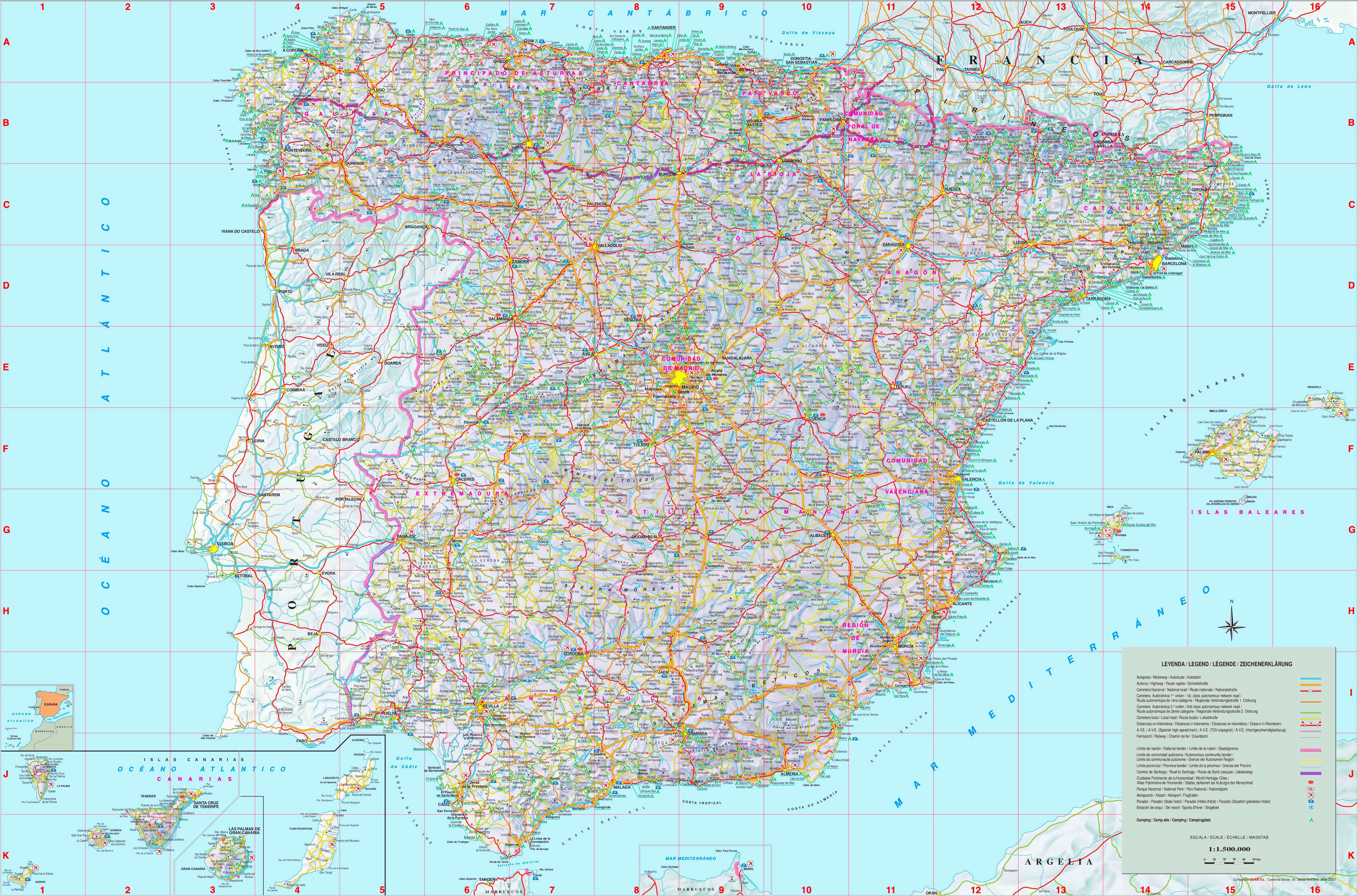 large detailed map of spain with cities and towns