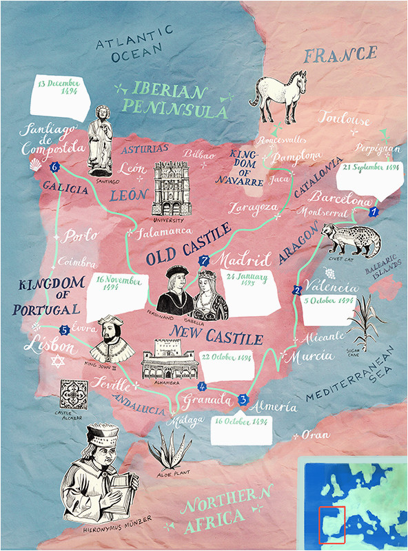historic illustrated map of spain and portugal for bbc world