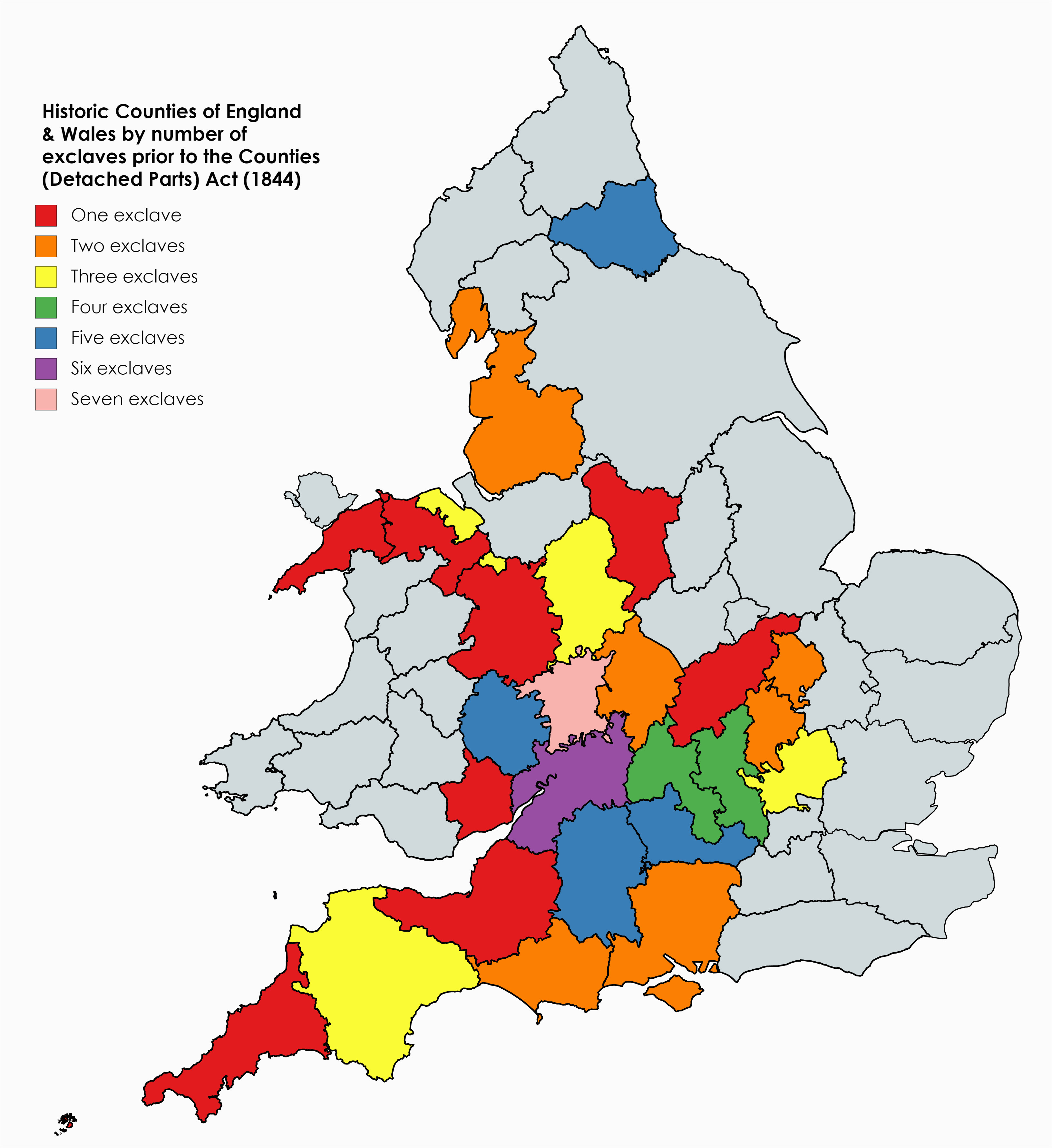 historic counties of england wales by number of exclaves prior to