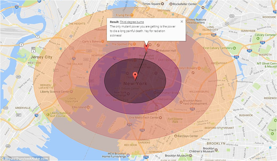 map shows areas affected if a nuclear bomb dropped daily
