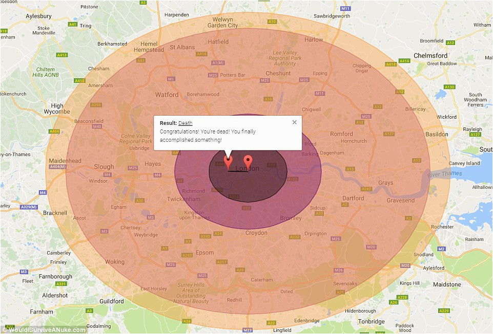 map shows areas affected if a nuclear bomb dropped daily