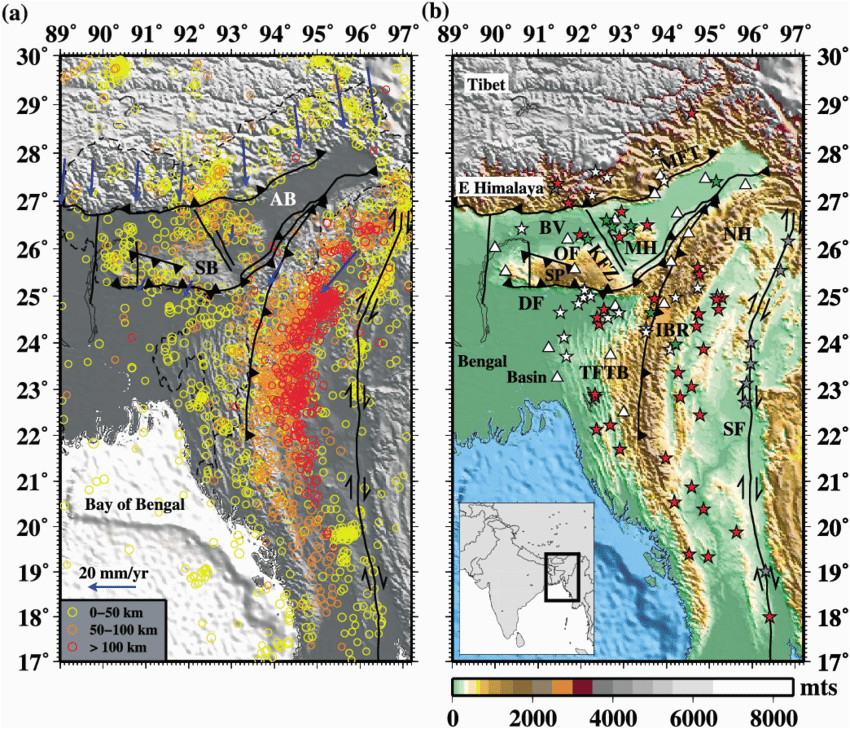 maps of earthquakes and topography of the eastern himalayan and