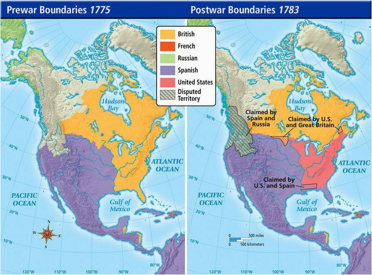 pre war and post war borders in northern america in 1775 1783