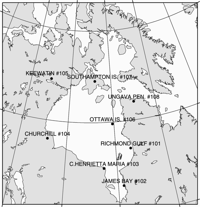 map of the hudson bay region showing the eight sites for
