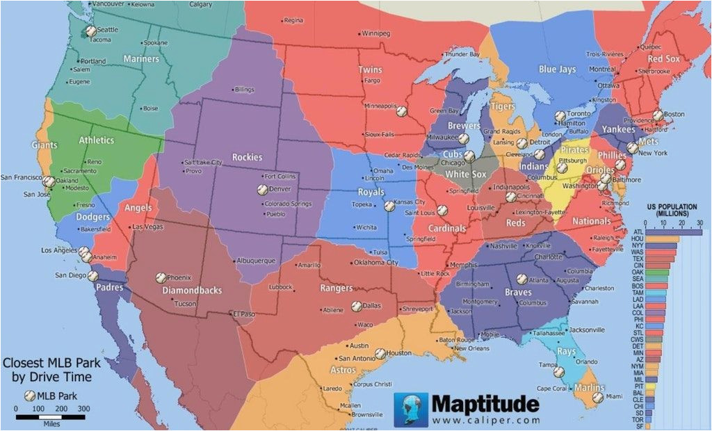 map of the usa and southern canada by closest mlb stadium