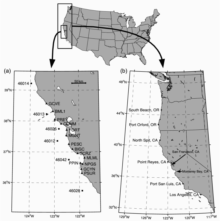 maps showing the location of the a hf radar sites and b nwlon