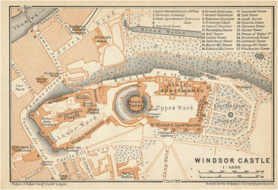1930 antique map of windsor castle england united kingdom