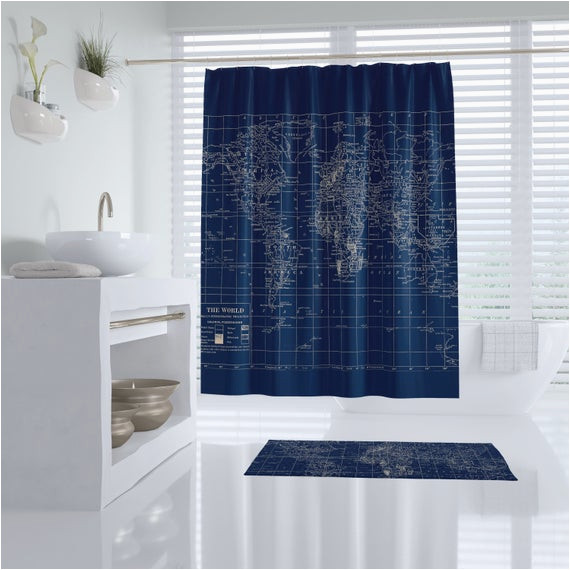 navy blue world map shower curtain dark travel decor masculine