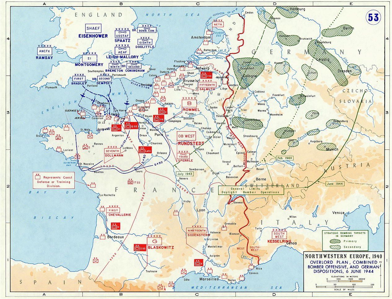 Wwii France Map Overlord Plan Combined Bomber Offensive and German Dispositions 6