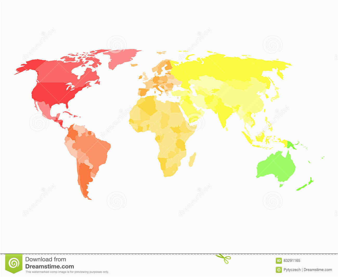 blank simplified political map of world in different colors