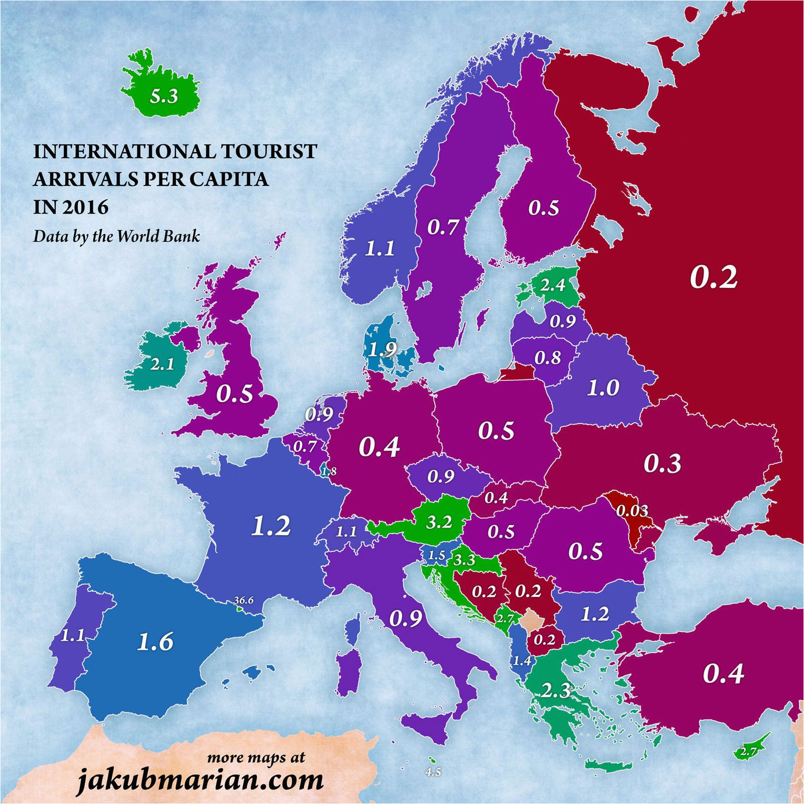 international tourist arrivals per capita in europe maps