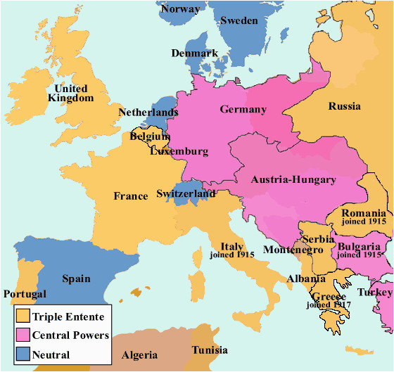 map of europe in 1914 displaying the triple entente central