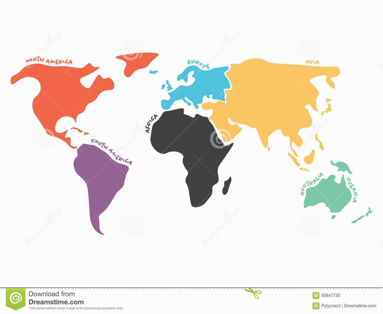 multicolored simplified world map divided to continents